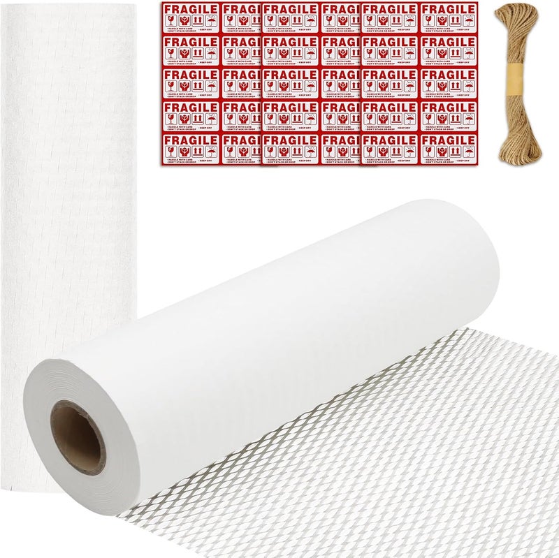 Pine nuts Honeycomb Packing Paper 15" x 131' Eco Friendly Packing Paper for Moving Recyclable Honeycomb Paper Bubble Paper Wrapping with 30 Fragile Sticker Labels and 66fthemp rope (White) - Image 1
